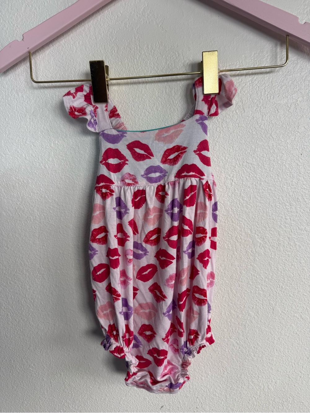 Posh Peanut Pink, Red & Purple Lip Print Ruffle Strap Bodysuit